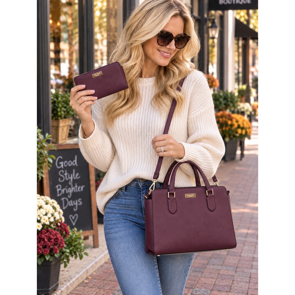 Kate Spade NY Laurel Way Reese Satchel + Matching Wallet Deep Plum Leather Set